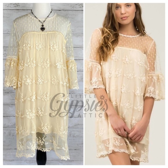 POL Dresses & Skirts - POL Honey Gold Dotted Lace Shift Dress